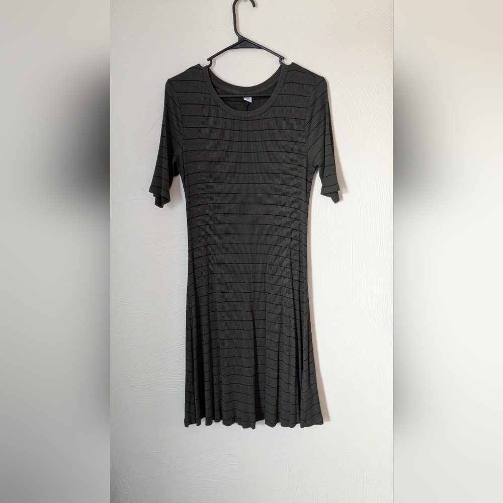 Old Navy Olive Green/Black Striped Midi Dress